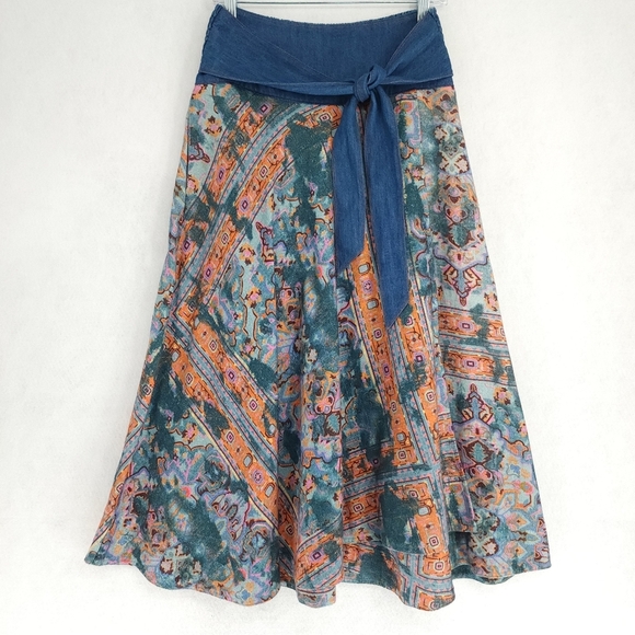 Pilcro Bohemian Blue Patterned Denim Midi Skirt - Picture 2 of 7